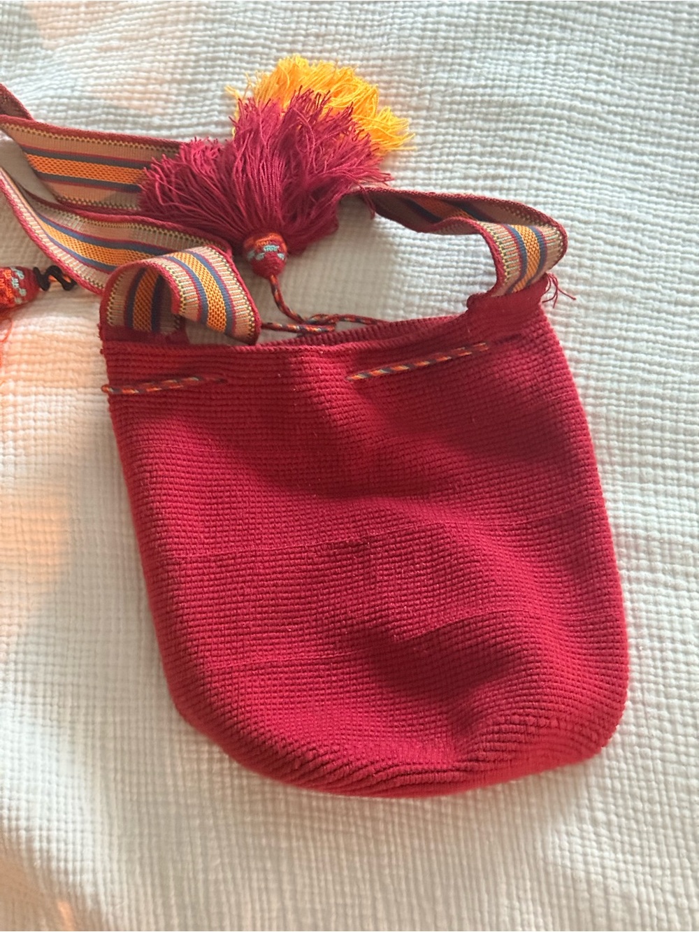 Handwoven Red Crossbody Bag with Colorful Strap